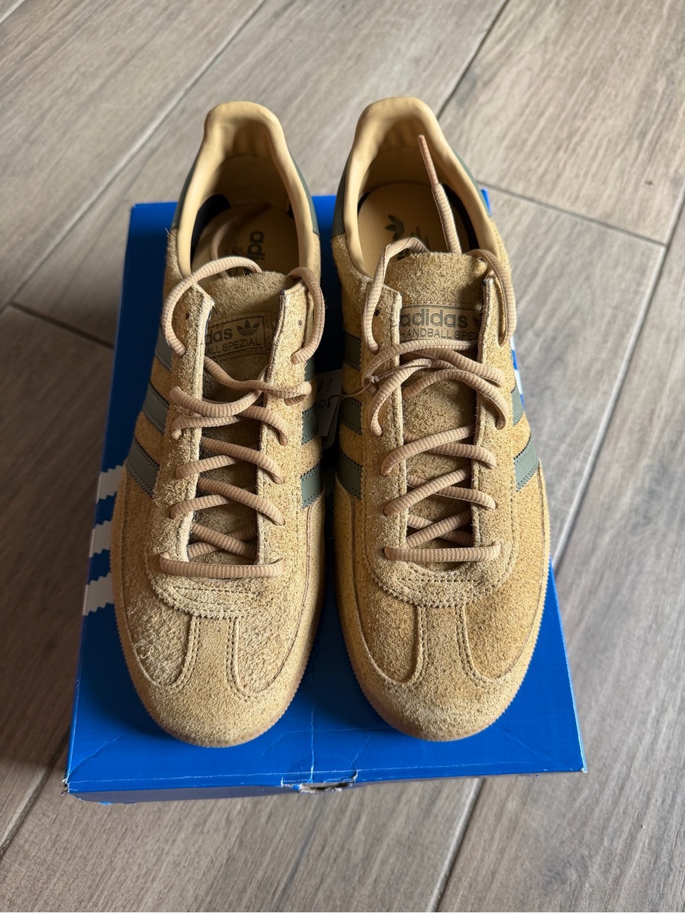 adidas Handball Spezial Sneakers in Tan with Green Stripes - Picture 3 of 7